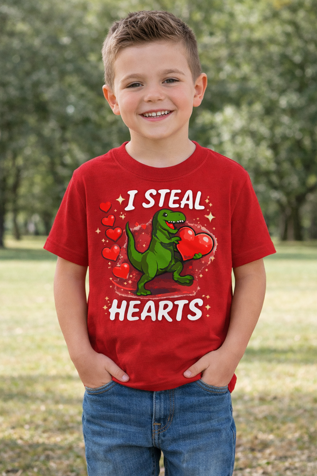I Steal Hearts Dinosaur Kids T-Shirt Valentine’s Day Shirt