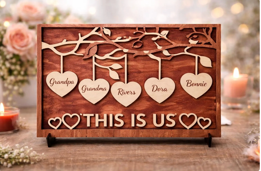 Personalized Family Tree Wood Plaque with Hanging Hearts