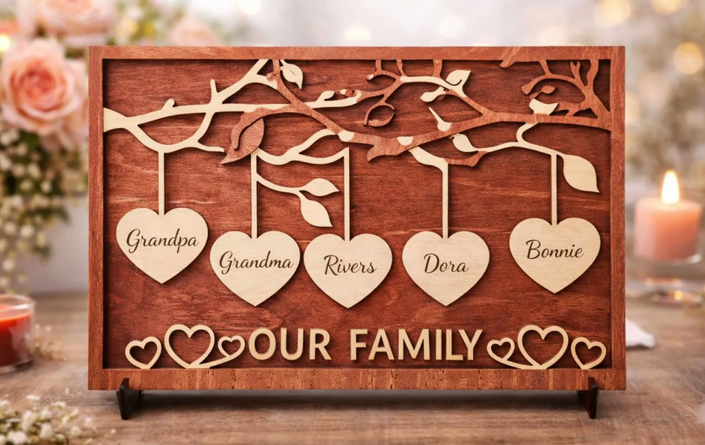 Personalized Family Tree Wood Plaque with Hanging Hearts