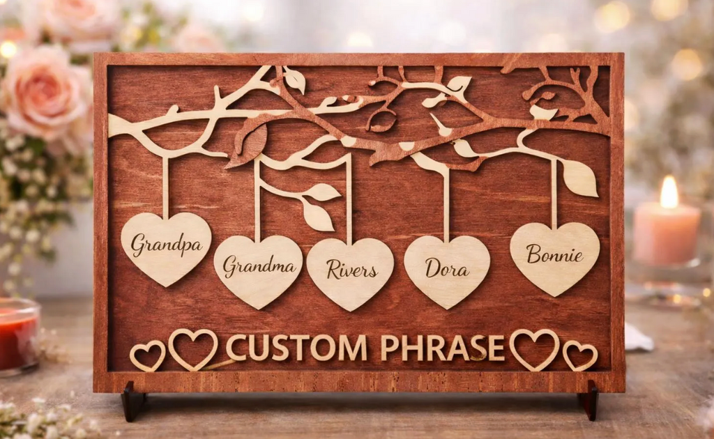 Personalized Family Tree Wood Plaque with Hanging Hearts