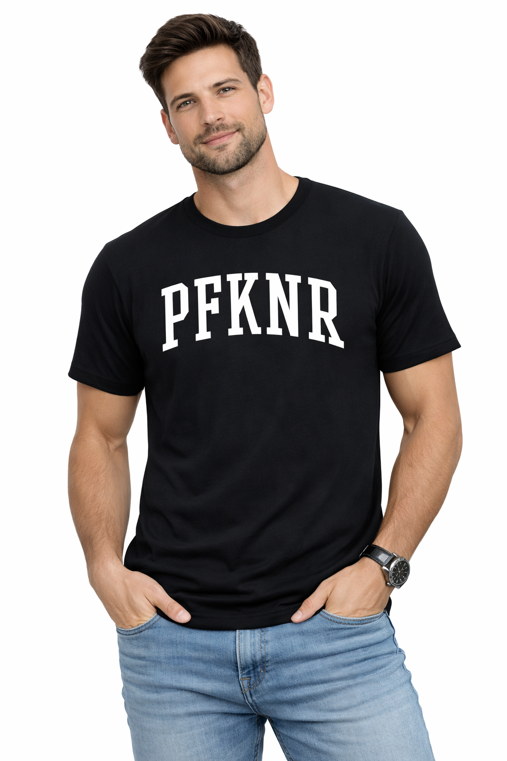 Man wearing a black t-shirt with 'PFKNR' text on a white background