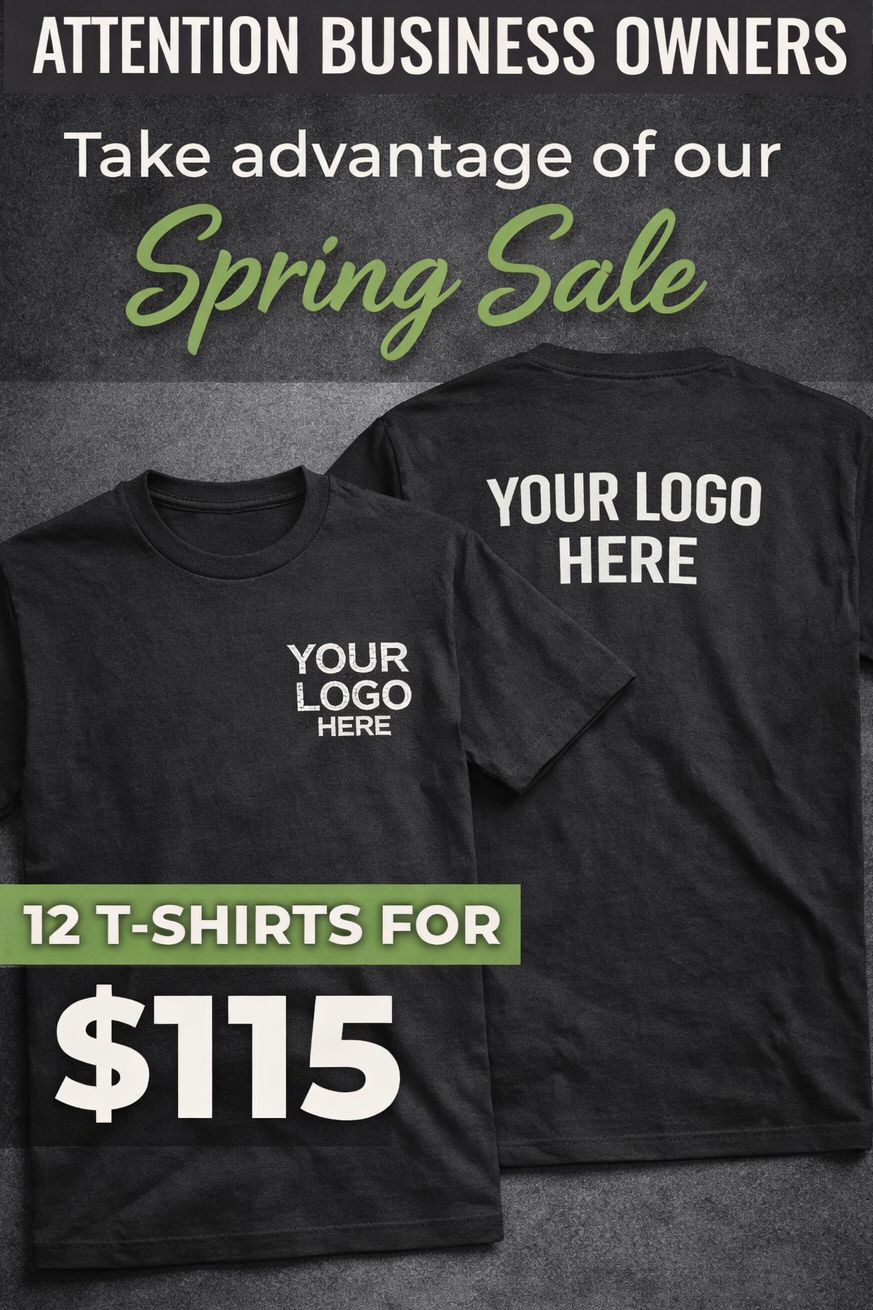 Custom logo t-shirts bulk sale 12 shirts for 115 dollars with free delivery in DFW area