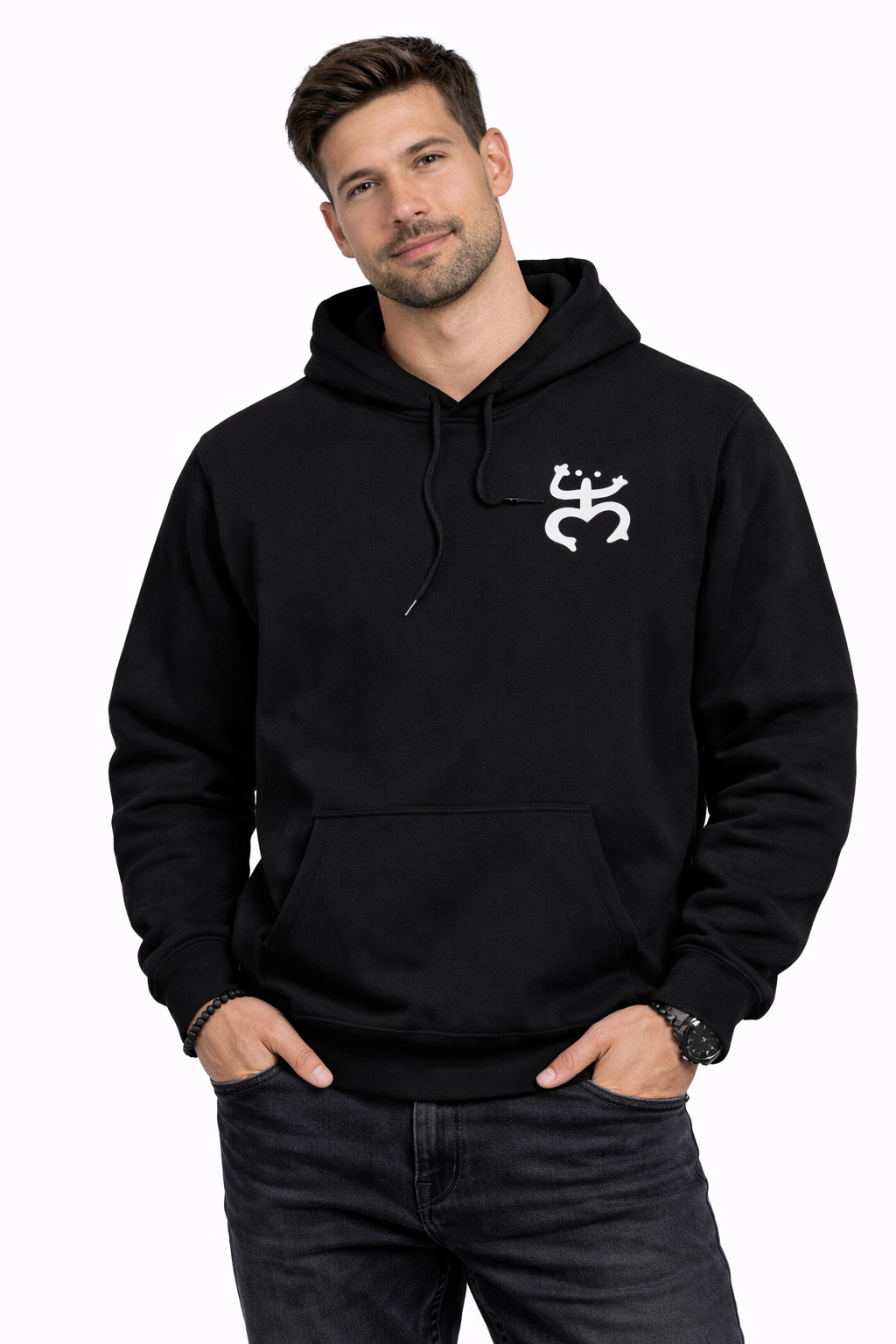 Man wearing a black hoodie with puerto rican coqui on a white background