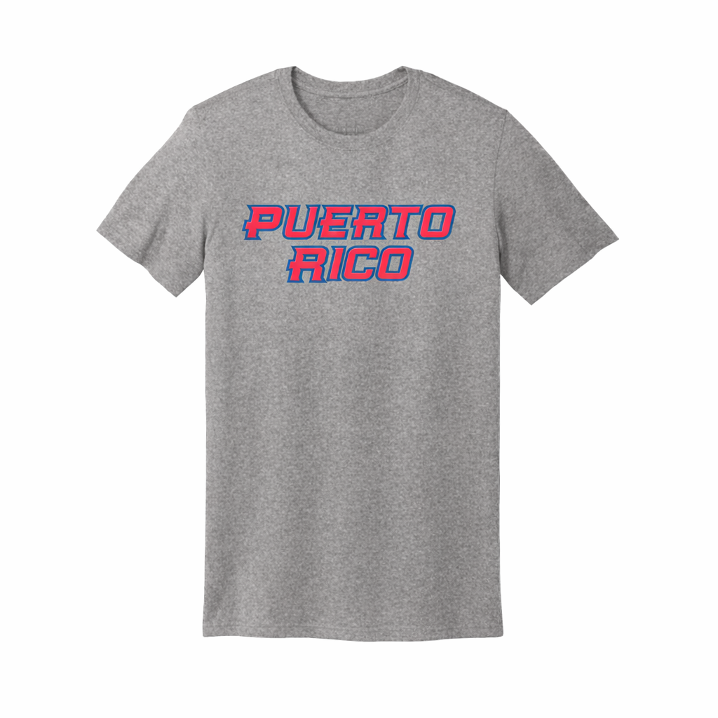Gray t-shirt with 'PUERTO RICO' text in red and blue on a white background