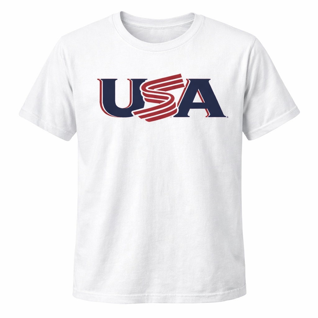 Navy USA patriotic t-shirt with red white and blue baseball-inspired graphic design
