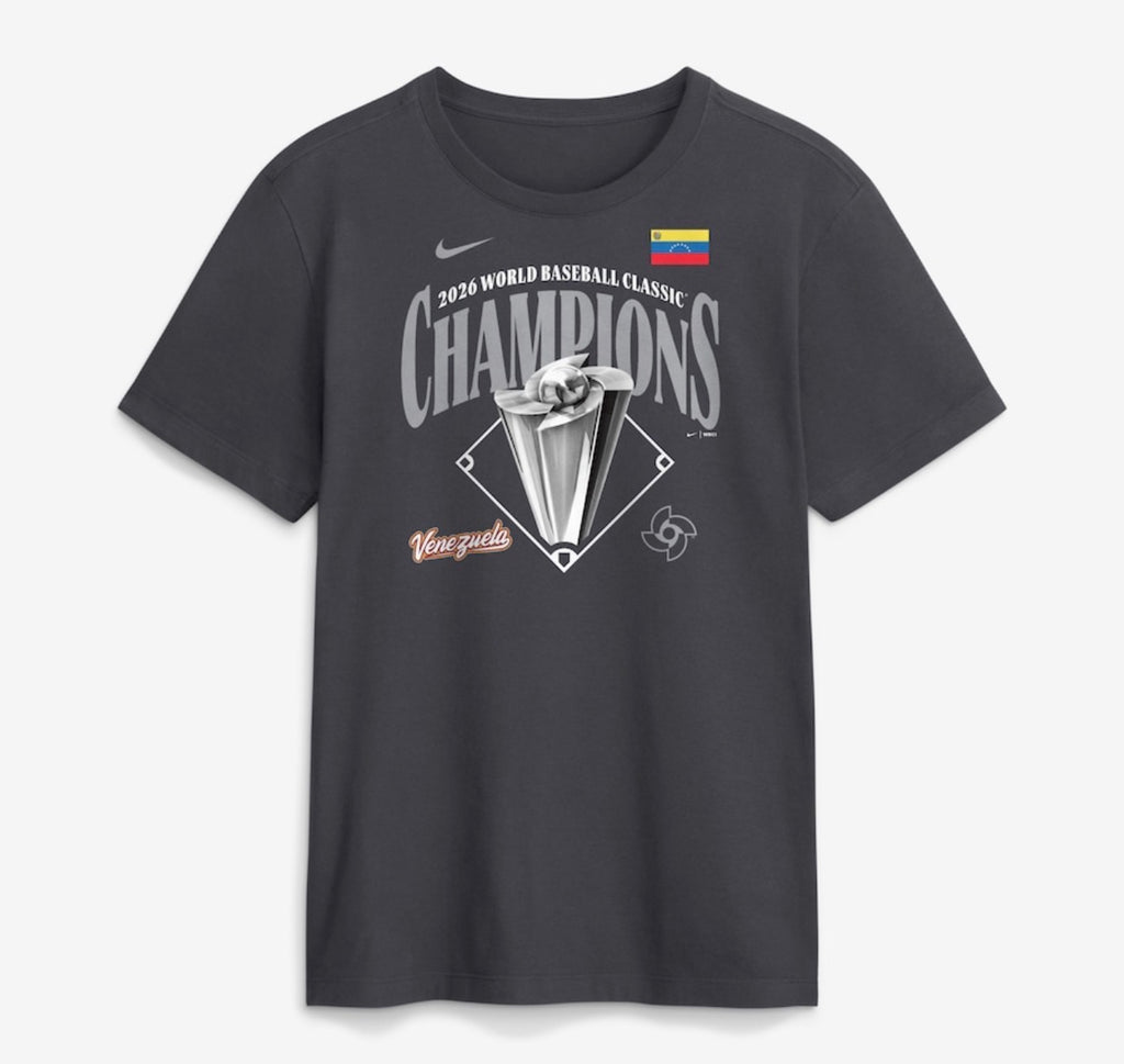 Black t-shirt with '2026 World Baseball Classic Champions' text and graphics on a white background